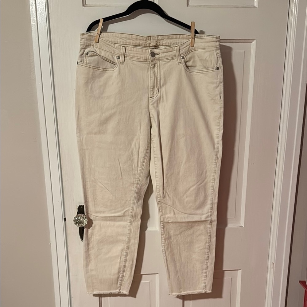 Eileen Fisher Women's Raw Hem Cream Ankle Jeans 5 Pocket Organic Size 16